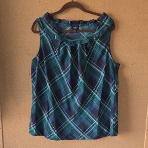 Talbots Silk 16W Sleeveless Plaid Ruffle Neck Blouse Green Blue Purple